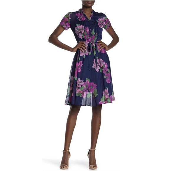 Nanette‎ Lepore Navy/ Pink Floral A-line Dress Size 10 - Picture 1 of 7